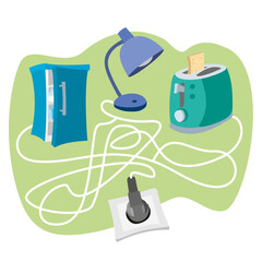 Labyrinth puzzle illustration: "Which device is plugged into the socket"?