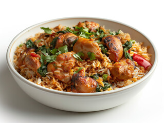 Chicken biryani isolated on white background. Cooked with selected spices with a traditional recipe.