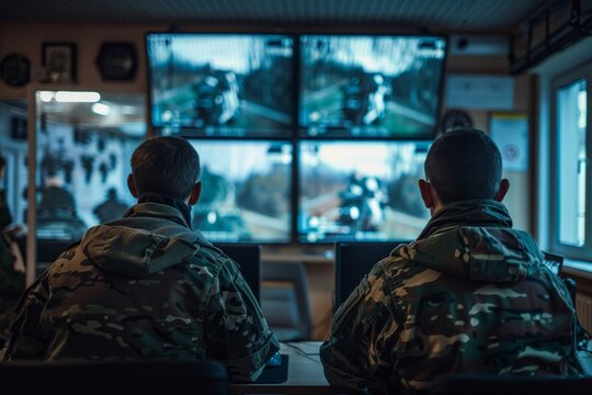 Military Surveillance Team Tracks Threats On Computer Screens In Central Office, Ensuring National Security Through Control And Monitoring.