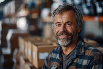 Obraz premium Smiling mature man packing boxes in warehouse for shipment.