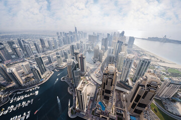 Modern Dubai Marina area, Sheikh Zayed highway and sea shore, Dubai, UAE