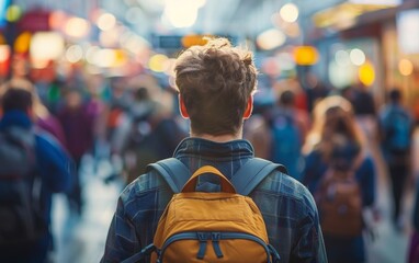 Man waits for train in crowded station, blurred commuters rushing by in city's daily hustle.