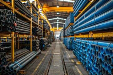 Fototapeta premium Stacks of high-grade steel and aluminum pipes await shipment in the warehouse, a testament to the robust steel industry.
