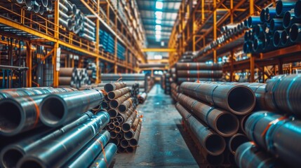 Stacks of high-grade steel and aluminum pipes await shipment in the warehouse, a testament to the robust steel industry. - obrazy, fototapety, plakaty