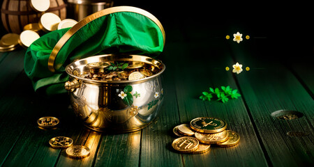 Celebrating St. Patrick's Day. Leprechaun treasures, a pot filled with gold coins and a green cap on a wooden table.