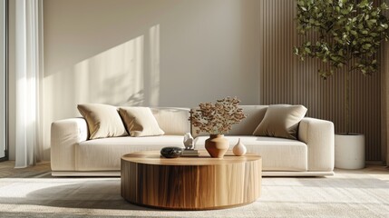 Bright ivory living room featuring a comfortable soft beige sofa and a round solid coffee table, decorated with a houseplant over the grey carpet, creating a welcoming space - obrazy, fototapety, plakaty