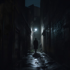 A mysterious figure in a dark alleyway. 