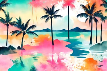 watercolor and ink colorful plamtrees pattern  and tropical island background - obrazy, fototapety, plakaty