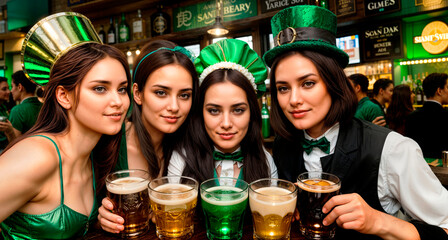 Celebrating St. Patrick's Day. A group of girls in suits and with a glass of beer are celebrating in a bar.