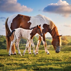 Mare and foal with white brown graze in a meadow of Thailand - obrazy, fototapety, plakaty