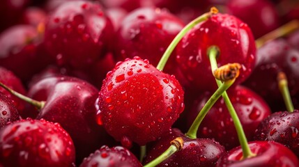 Close-up of dewy fresh cherries with water droplets, showcasing their vibrant red color and freshness.