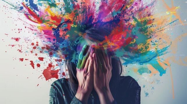 A vibrant digital painting of a woman with her face merging into splashes of colorful paint, evoking emotions and creativity.