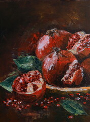Ripe red pomegranates and their halves - handmade oil painting on canvas