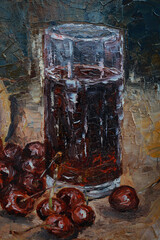 Oil painting of cherries near a glass of cherry juice