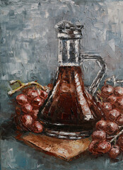 Oil painting of ripe red grapes near a glass decanter with wine