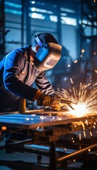 Close up of professional welder working on medium sized pipe with blue light, space for text.