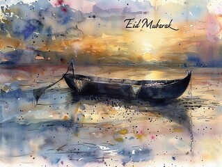 A tranquil watercolor painting expressing Eid Mubarak greetings with a traditional boat adrift in calm waters under a soft, sunset sky.