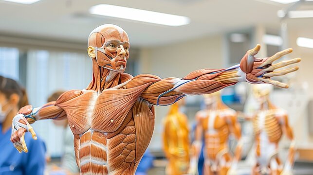 Detailed 3d human muscle model stretching in clinical lab environment anatomy study