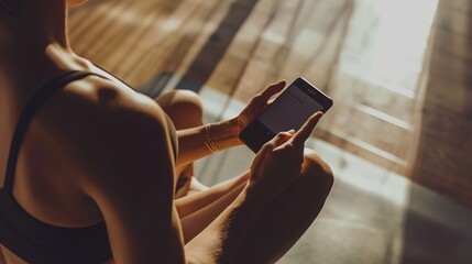 Yoga practitioner uses an app for an accessible session, integrating technology and fitness for an inclusive wellness experience