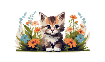 kitten sitting between flowers vector flat isolated illustration
