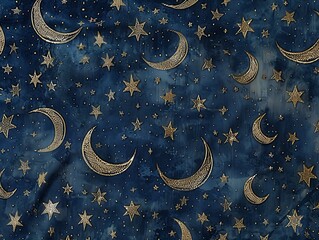 An elegant background with a detailed pattern of Islamic stars and crescents woven into a tapestry of midnight blue and silver, symbolizing the night sky during Ramadan.
