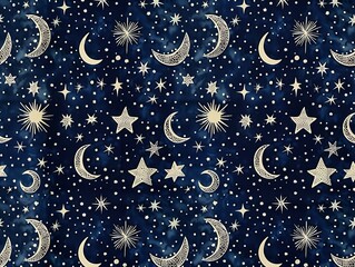 An elegant background with a detailed pattern of Islamic stars and crescents woven into a tapestry of midnight blue and silver, symbolizing the night sky during Ramadan.