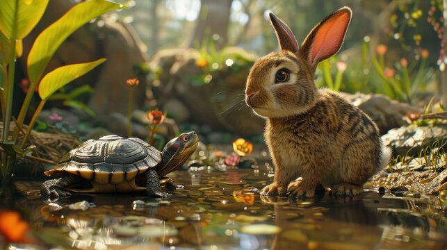 A turtle and a rabbit are in a pond in the forest. The scene is peaceful and calm, with the two animals coexisting in harmony