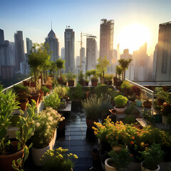A rooftop garden with city skyscrapers in the back - obrazy, fototapety, plakaty
