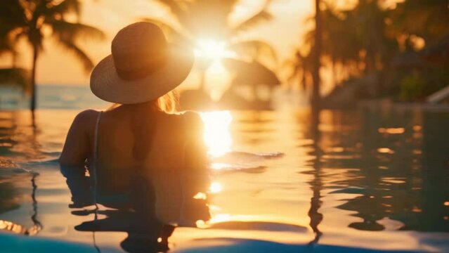 A tourist relaxes and enjoys sunset by tropical resort pool while traveling during summer vacation capturing beauty and joy