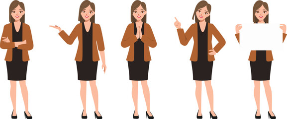 Fototapeta premium Businesswoman character pose set in suit uniform. Employee people in job.