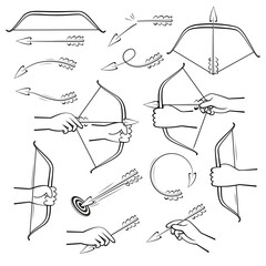 Line drawing icon set of hands shooting with bow and arrows set in different directions and trajectory on a white background. Complex relationship and 
discussion concept. Vector illustration