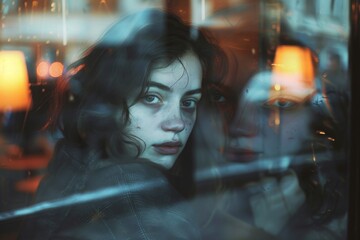 Mysterious woman peers through a misty window, her reflection merging with the city lights.

