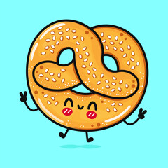 Jumping French pretzel. Vector hand drawn cartoon kawaii character illustration icon. Isolated on blue background. French pretzel character concept