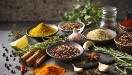 Différentes épices colorées et produits frais dans des coupelles sur une table. - obrazy, fototapety, plakaty