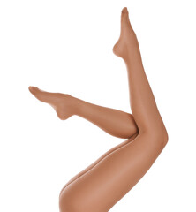 Woman with beautiful long legs wearing tights on white background, closeup
