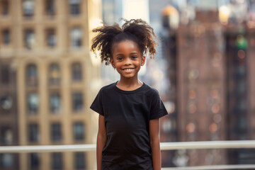 Cheerful African American girl with Puff Hairstyle and long black tee, naturally lit with a blurred city backdrop - obrazy, fototapety, plakaty