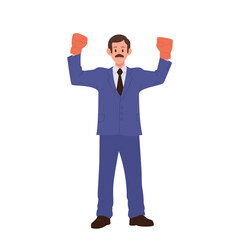 Businessman cartoon character in formal suit wearing boxing gloves gesturing win with raised hands