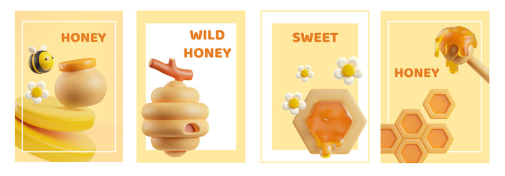 Honeycomb, honey dipper and jar, flowers, bee on 3D vector set advertising posters, natural sweet nectar dessert