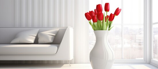 Red tulip vase in contemporary white living space - interior decoration