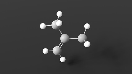 isobutylene molecular structure, 2-methylpropene, ball and stick 3d model, structural chemical formula with colored atoms
