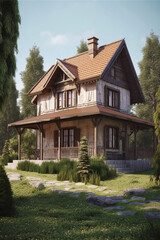 Small country house in traditional wooden architectural style.