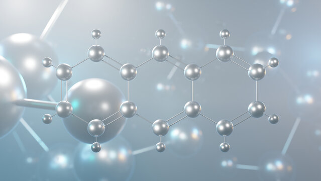 anthracene molecular structure, 3d model molecule, polycyclic aromatic hydrocarbon, structural chemical formula view from a microscope