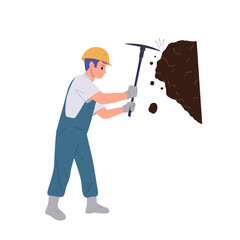 Man miner cartoon character digging coal from rock using pickaxe isolated on white background