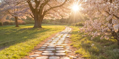 stone path through a grassy field with blooming cherry blossom trees on either side. The sun shines through the branches, casting a warm glow over the scene.