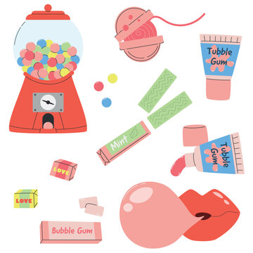 Set of chewing gum, chewing candy, colorful sweet chewing gum in packaging for children, isolated set on white background