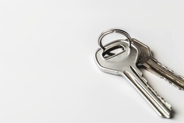 Two keys inside a silver ring are on a white background seen from above with copy space. Real estate and mortgage investment property concept