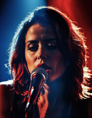 woman with brown hair and brown eyes sings into a microphone. She is wearing red lipstick and her hair is tousled.