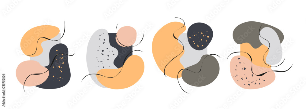 Aufkleber Set of color various abstract hand drawn shapes and black wavy lines for creative graphic design. Vector illustration.