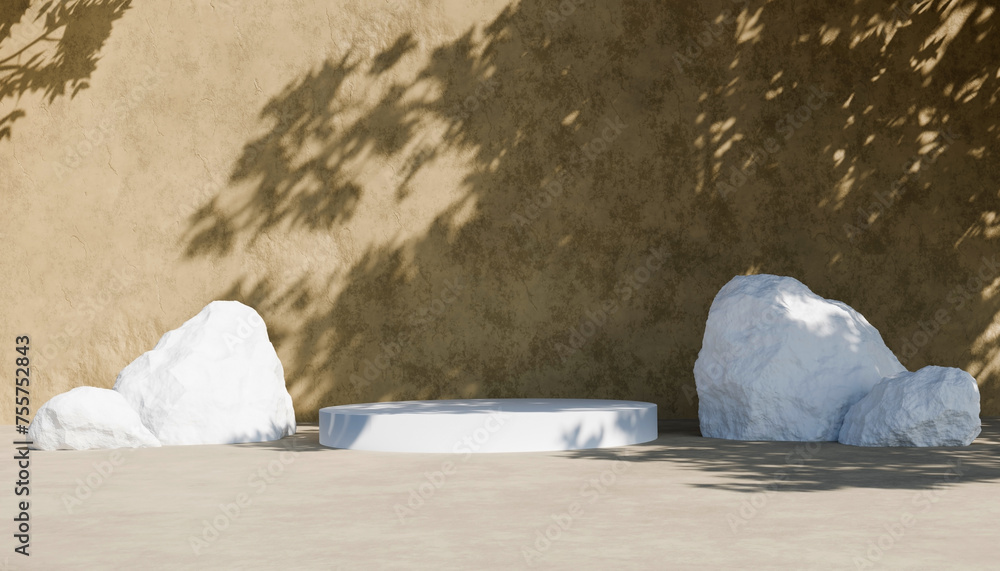 Aufkleber abstract minimal nature scene - empty stage and white circle podium on beige background and soft sha