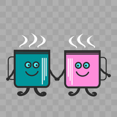 Funny coffee or tea cups with eyes. coffee glasses, coffee pot for design. Vector illustration. Eps 10